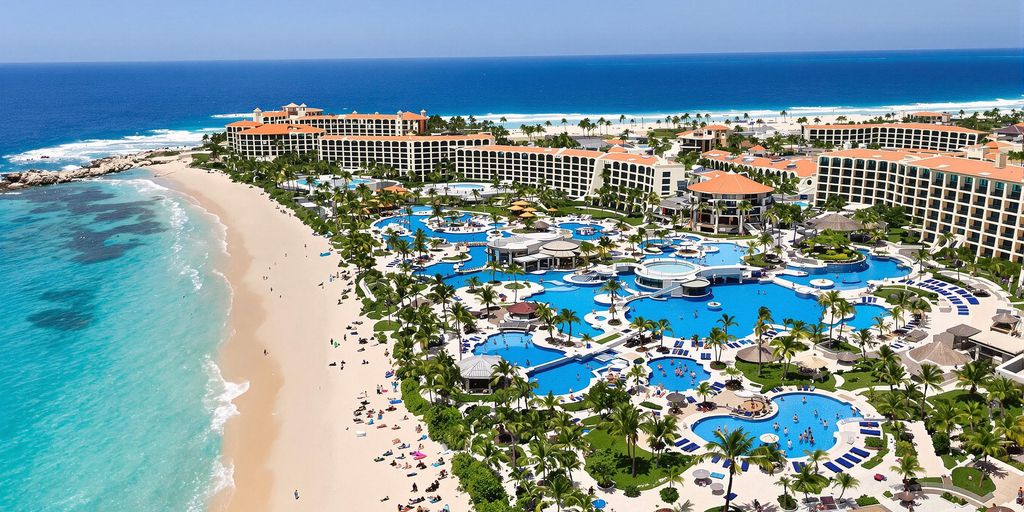 Aerial view of Paradisus Los Cabos resort and beach.