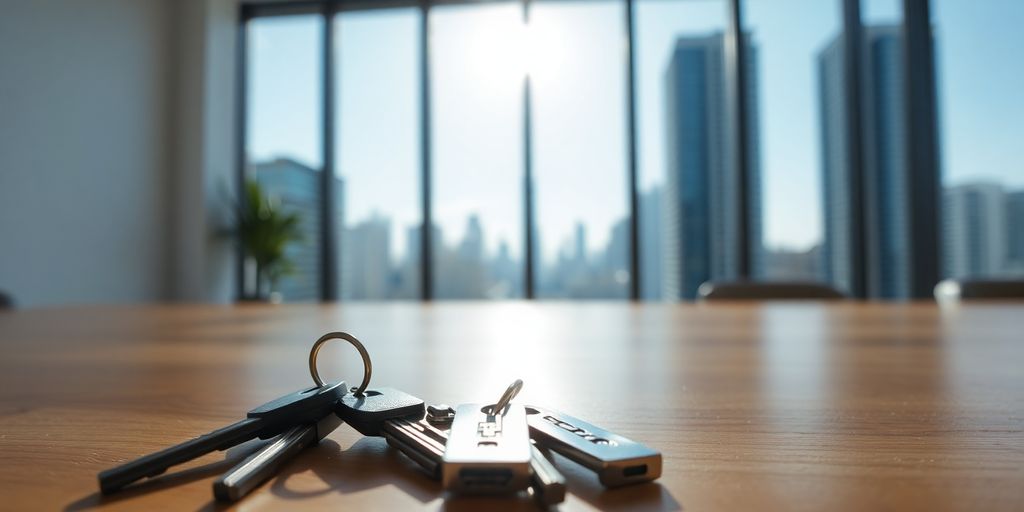 Keys on table, cityscape through window.