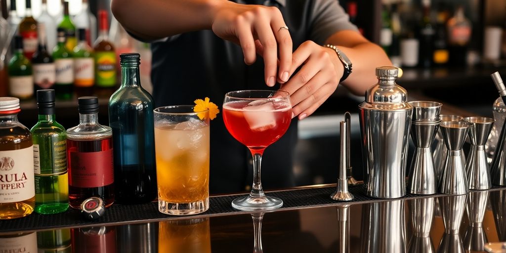 Drinks, bar tools, and a bartender's hands.