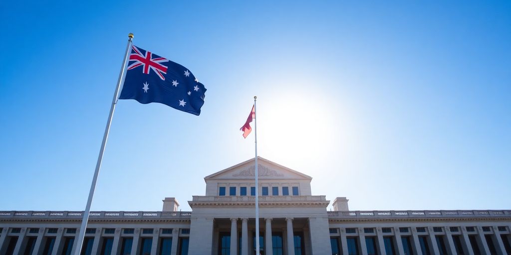 Parliament House building exterior with Australian flag.