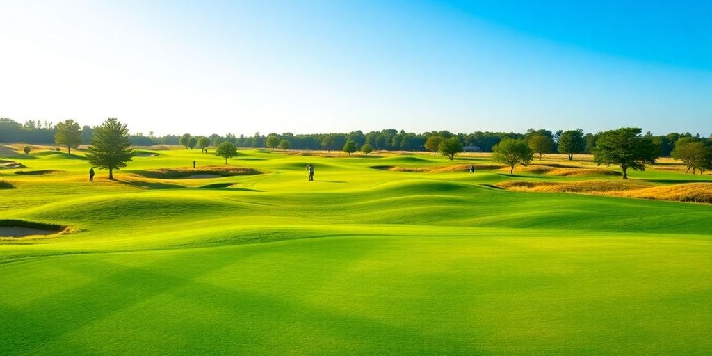 Golfers playing on a beautiful green course in sunlight.