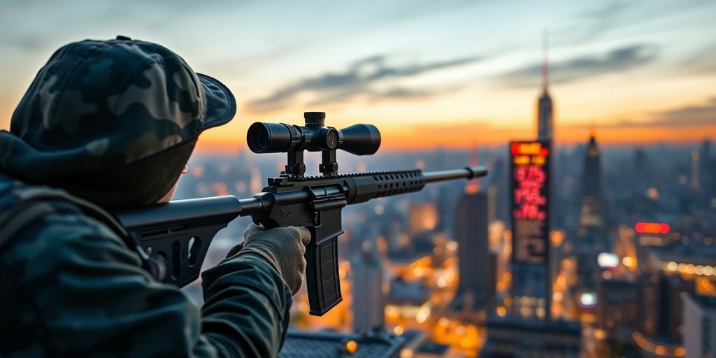 Sniper aiming at market target.