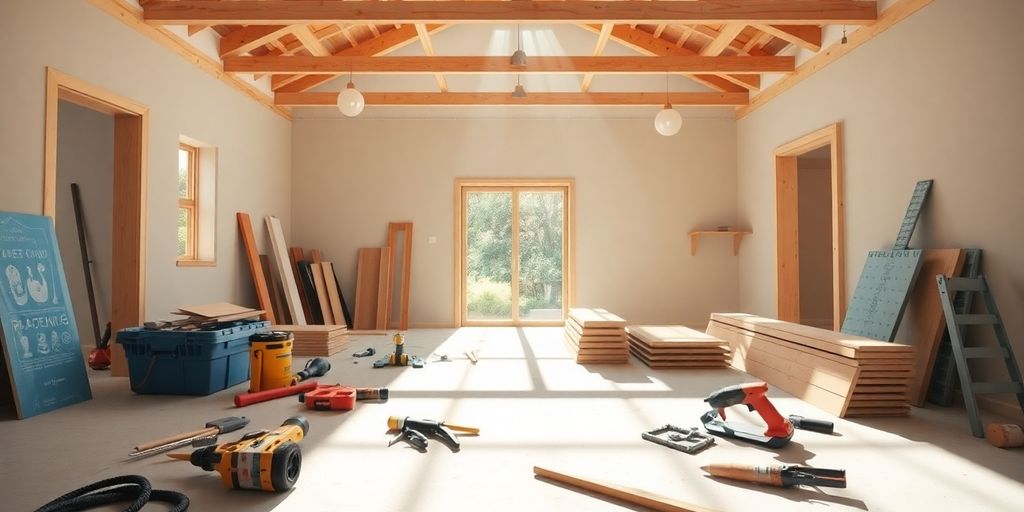 Tools and blueprints on a construction site.