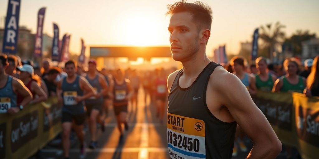 A determined runner at the marathon starting line.