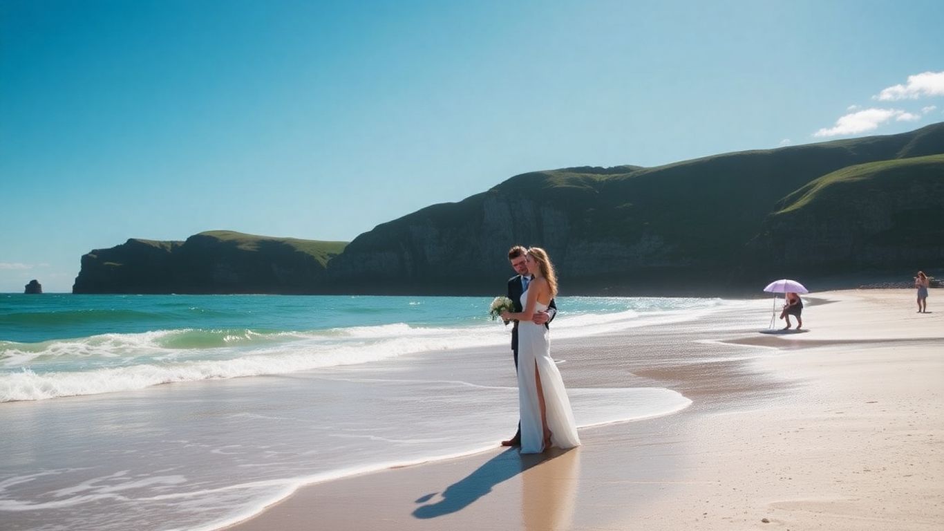 Couple's beach wedding ceremony with Cornish cliffs and ocean backdrop.
