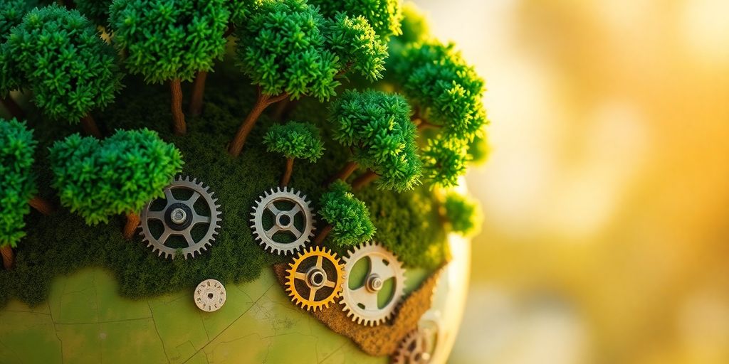Colorful globe with plants and gears.