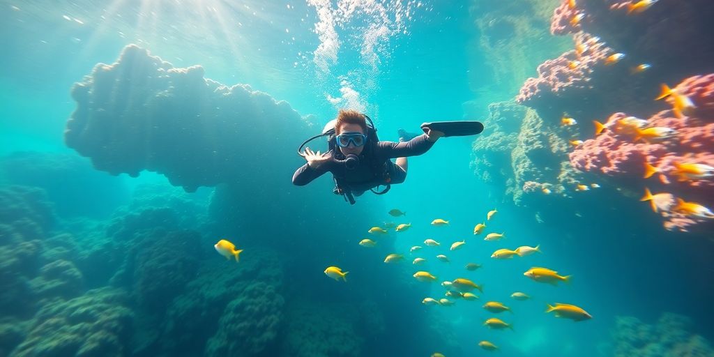 Divers swimming through vibrant coral reefs.