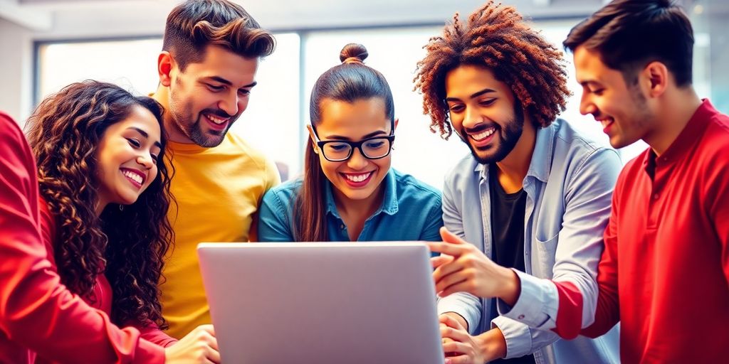Team collaborating on blockchain development with a laptop.