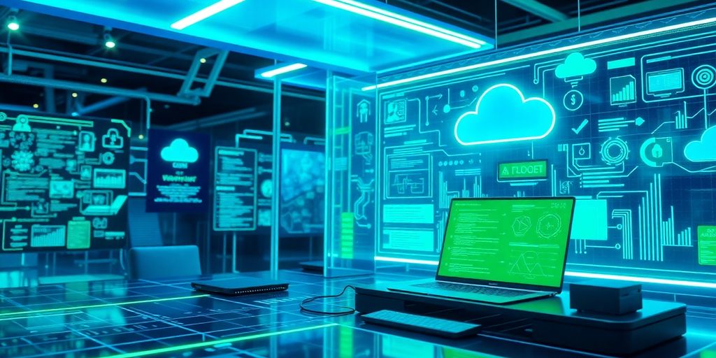 Futuristic workspace with AI tools and cybersecurity themes.