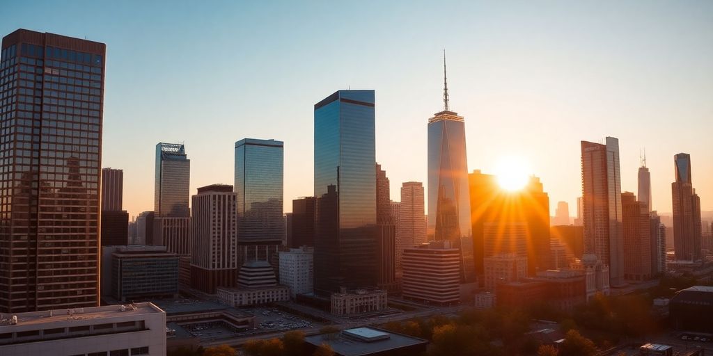Panoramic city with financial buildings, golden hour.
