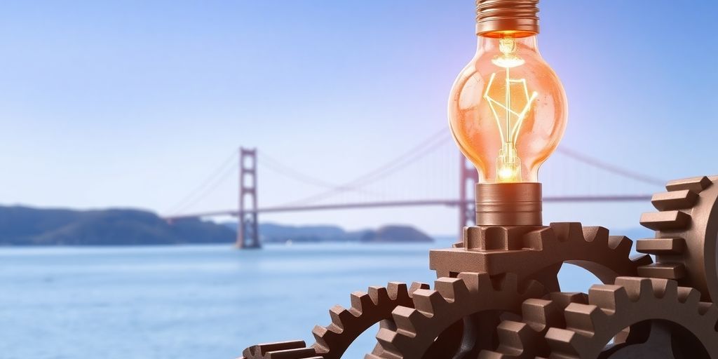Lightbulb, gears, and bridge in a dynamic composition.