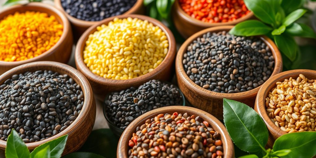 Colorful chia seeds in wooden bowls with green leaves.