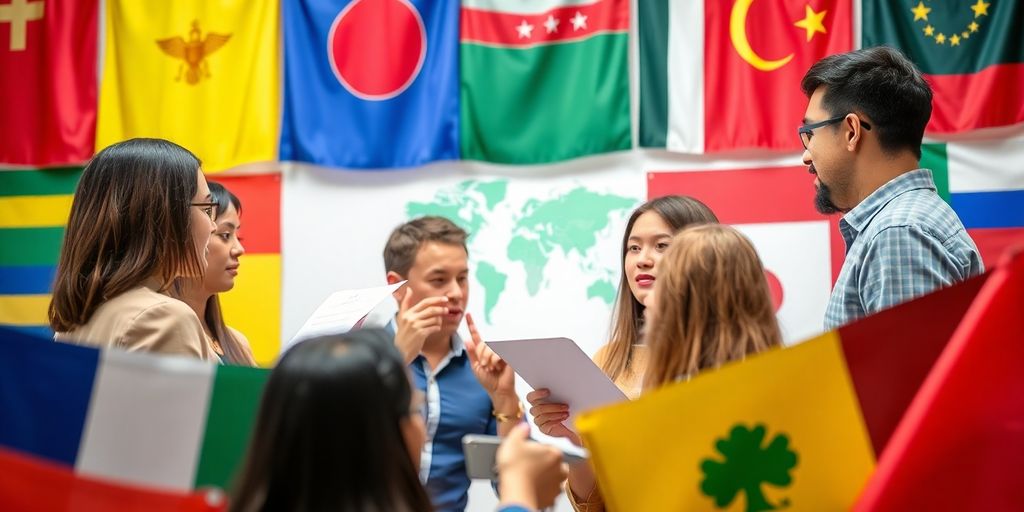 People collaborating across cultures with international flags.