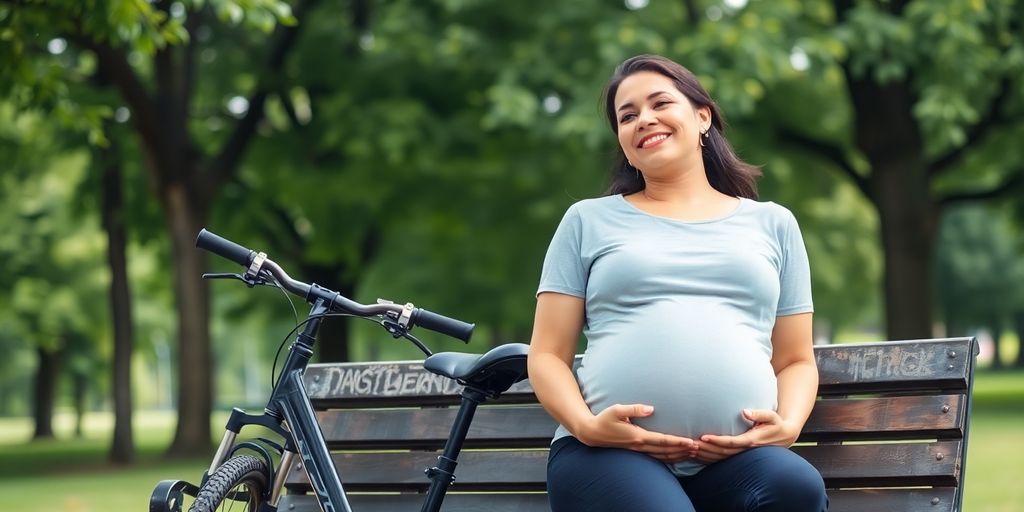 Pregnant woman resting on a park bench during a bike ride.