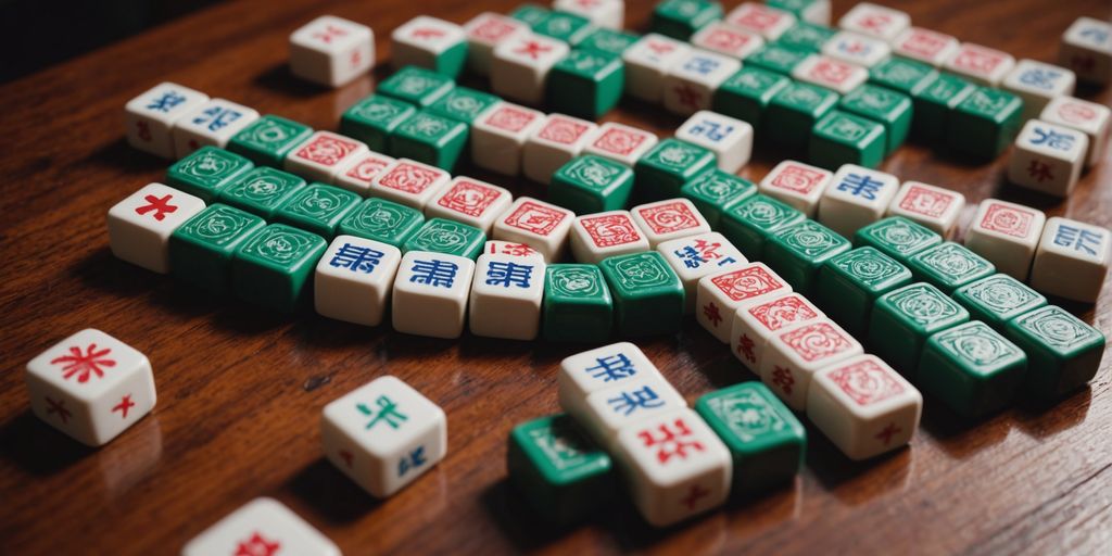 Mahjong tiles displayed on a wooden table for beginners.
