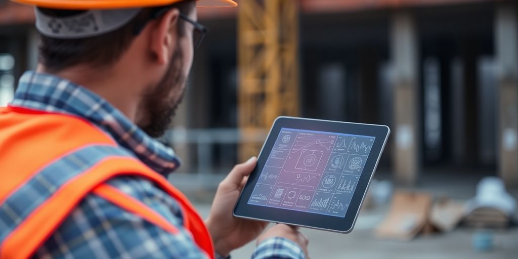 Construction worker using a laptop with a digital interface.