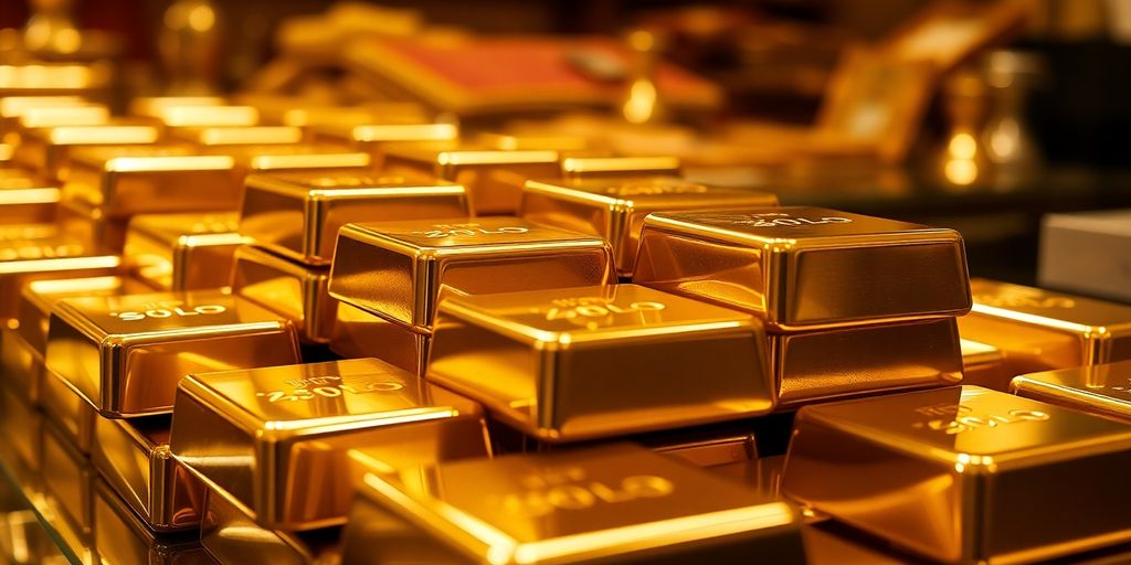 Lingots d'or brillants empilés sur un fond luxueux.