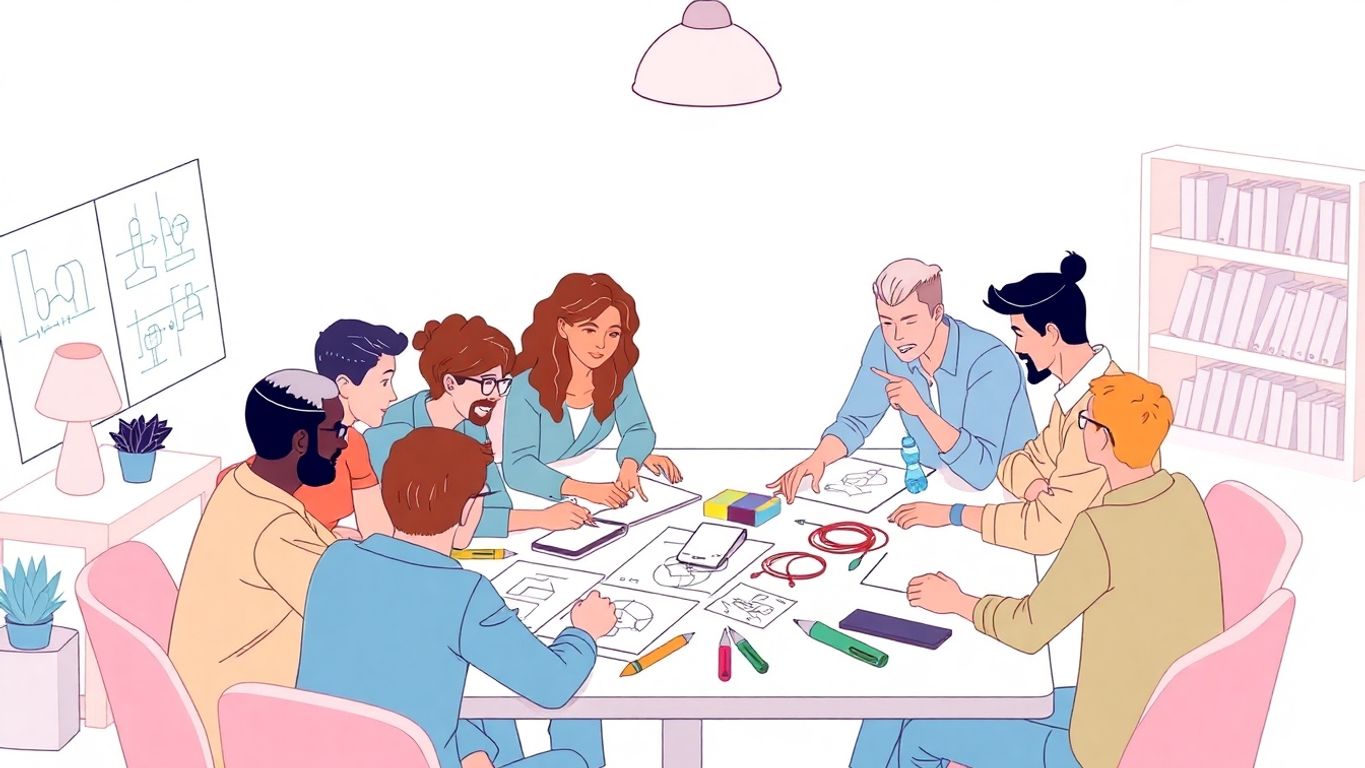 Gruppe mennesker som jobber sammen om produktutvikling.