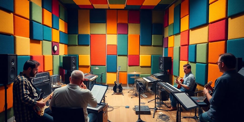 A vibrant recording studio with musicians and audio equipment.