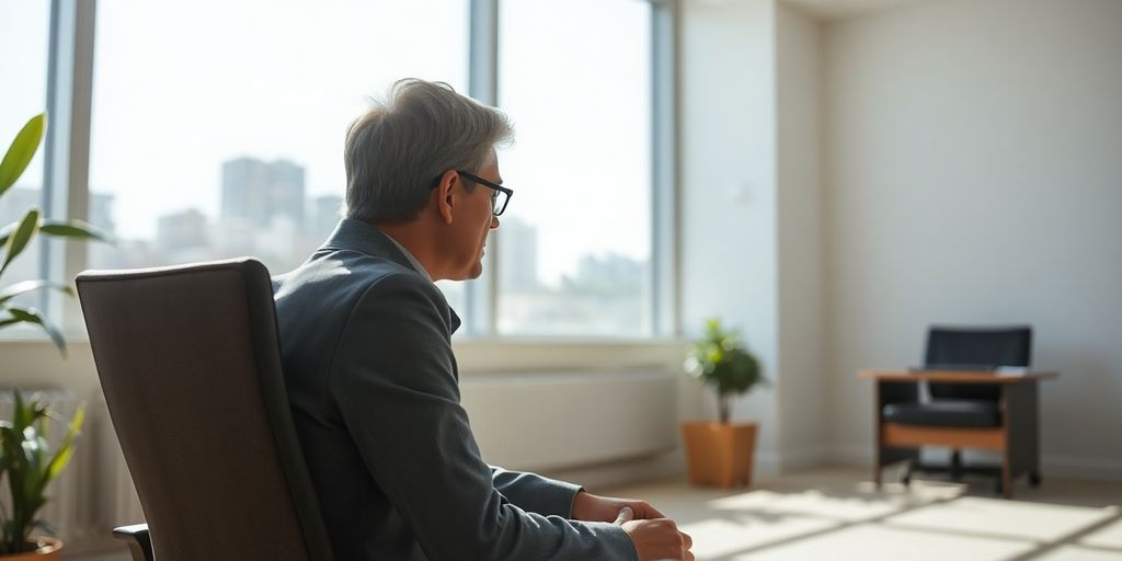 Person looking thoughtful in a bright, modern office.