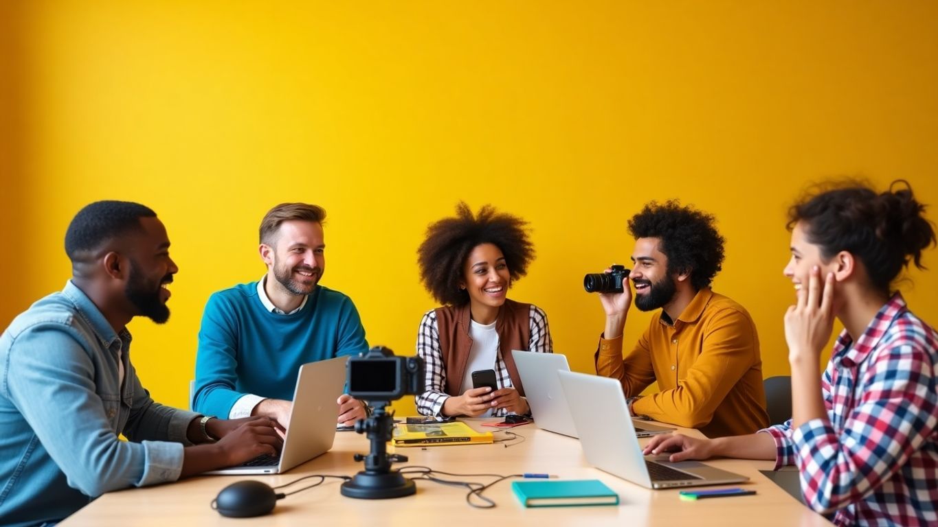 Diverse individuals creating faceless videos in a bright workspace.