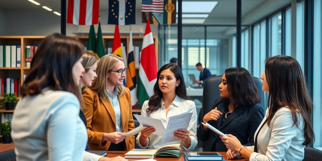 Diverse lawyers collaborating in a modern office setting.