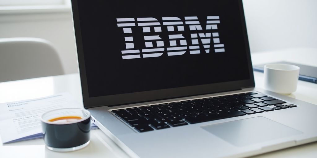 Laptop with IBM logo, resume, and coffee.