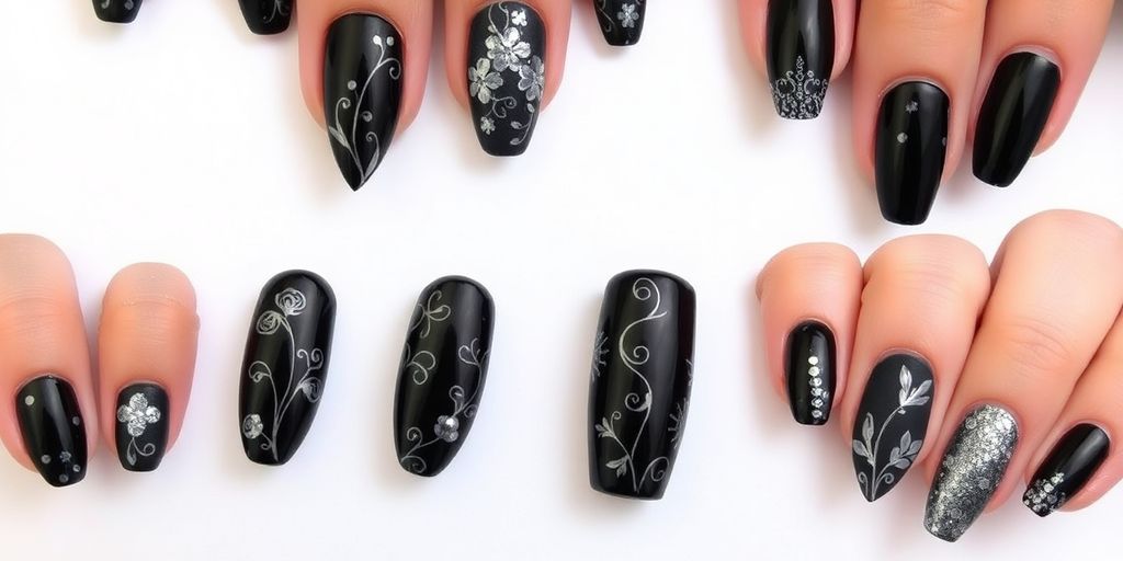 Stylish black nail designs with creative patterns.