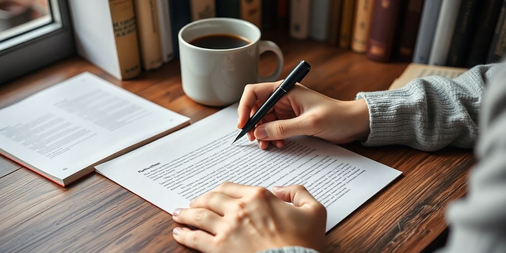 Person writing a cover letter with books and coffee.