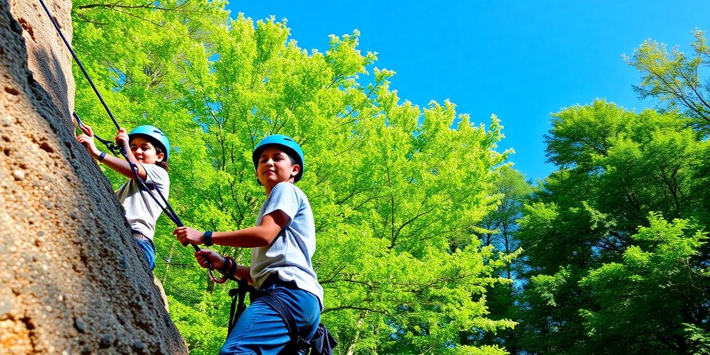 Teens rock climbing in wilderness