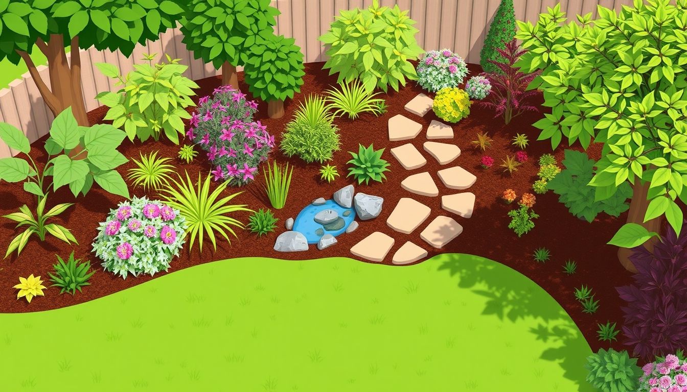 Illustrative garden with plants and water feature