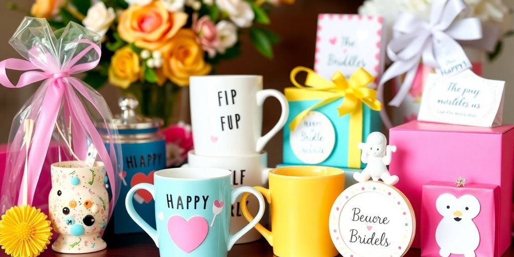 Colorful whimsical gifts for a bridal shower celebration.