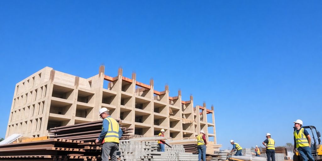 Construction site with workers and equipment.