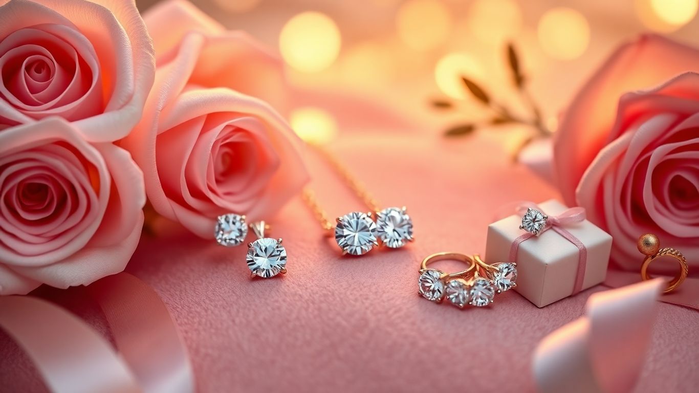 Moissanite ring, necklace, earrings on pink velvet with roses, ribbons.
