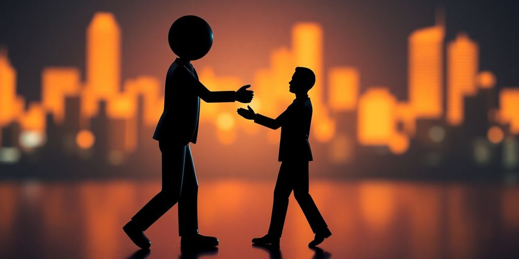 Two distinct figures interacting in a business setting.