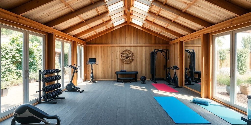 Home gym inside a large garden shed with windows.
