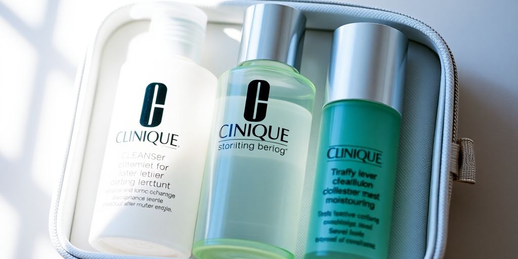 Clinique travel set with skincare bottles.