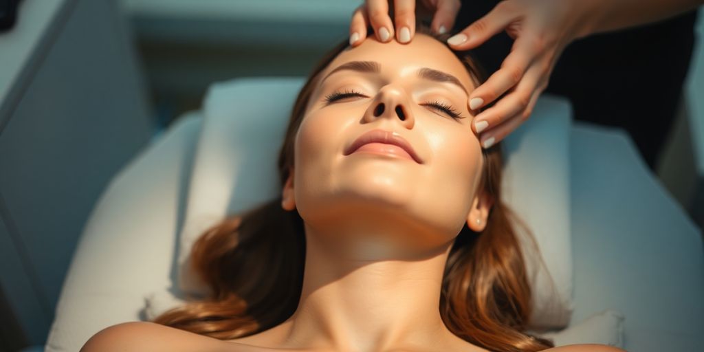 Relaxed woman receiving a facial treatment.