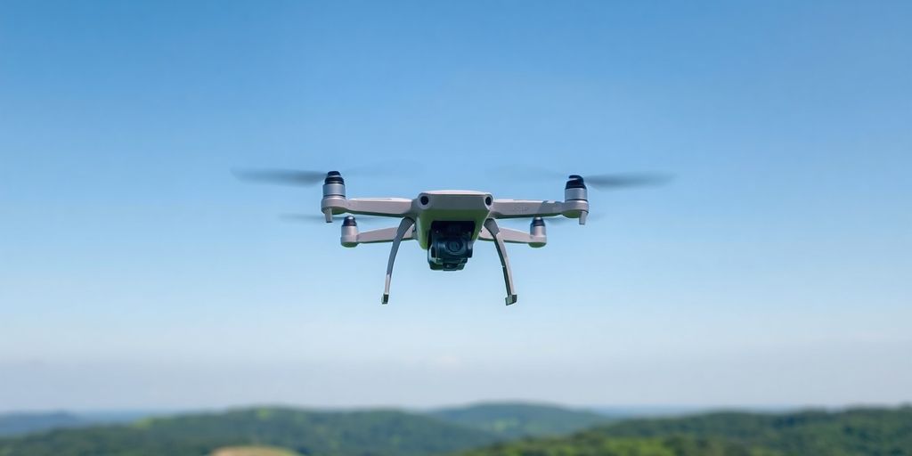 Drone volant dans le ciel bleu avec des paysages verdoyants.