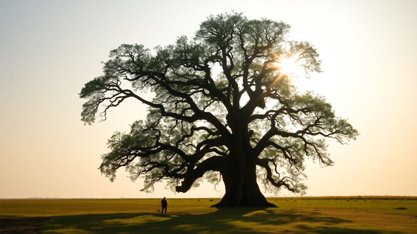Sturdy tree in a calm, sunlit landscape