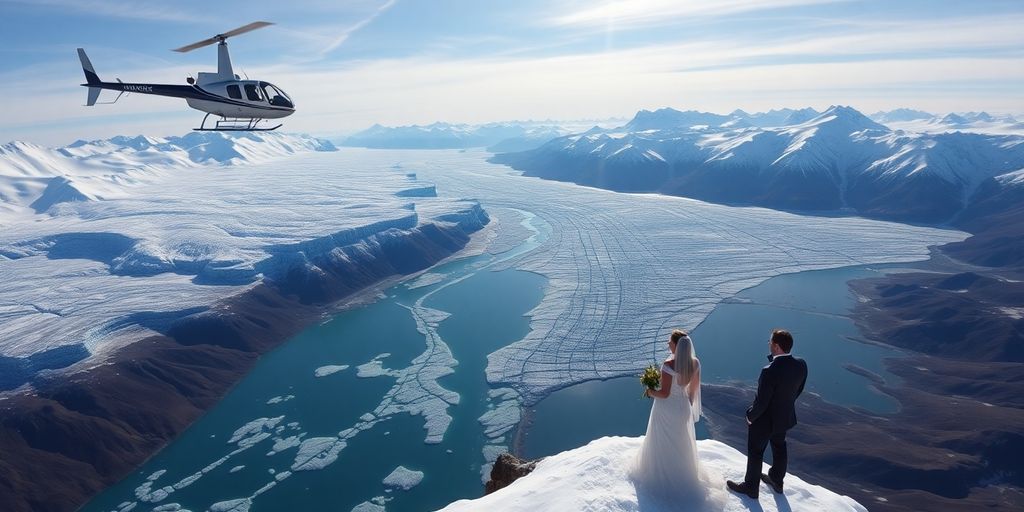 Helicopter wedding on a vast Alaskan glacier with mountains.