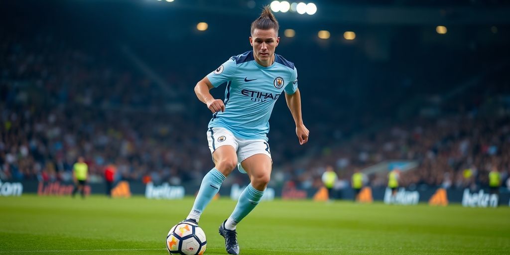 Reijnders in Manchester City jersey, celebrating goal.