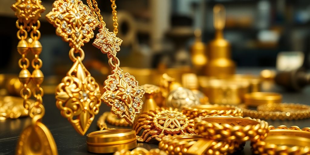 Bijoux en or et produits industriels en arrière-plan.