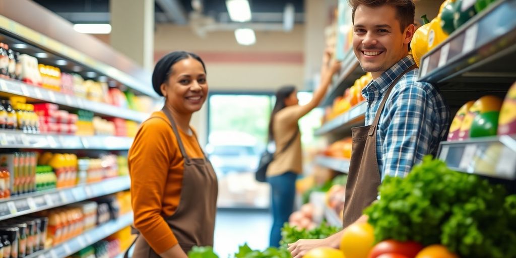 Grocery clerk stocking shelves, helping customer.