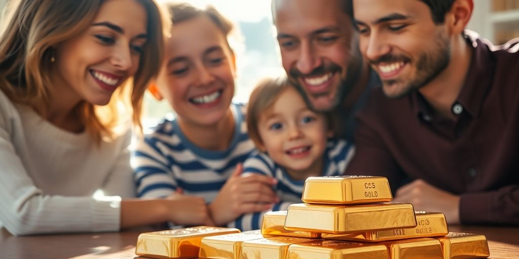 Famille souriante avec lingots d'or brillants.