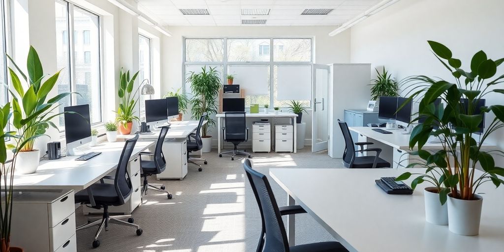 Accessible office with ergonomic furniture and natural light.