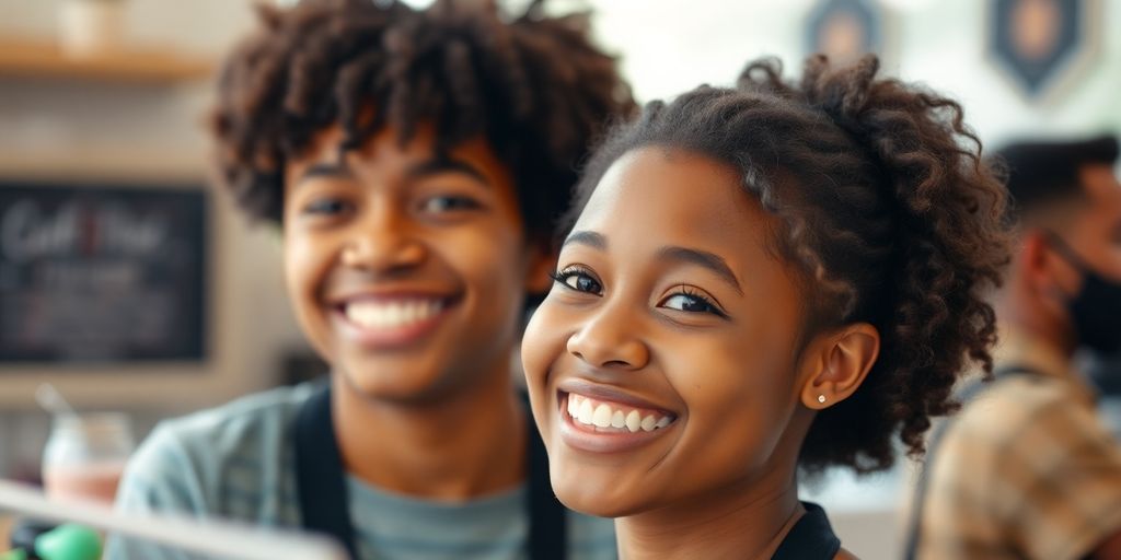 Smiling teen working part-time, vibrant and optimistic.