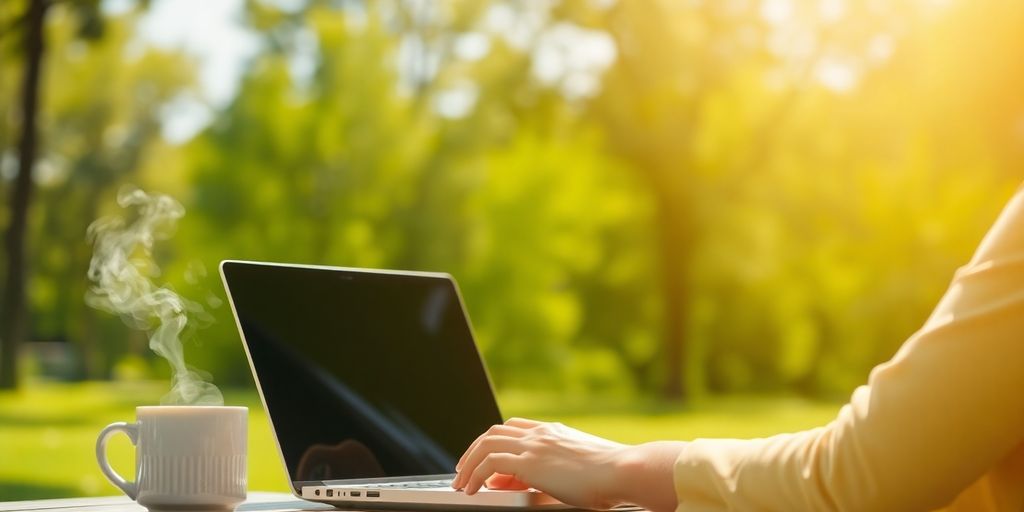 Laptop, coffee, person working outside.