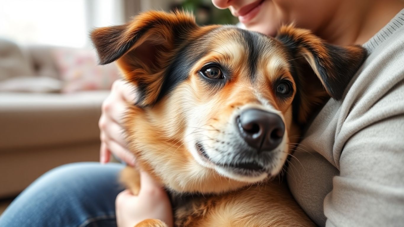 Cachorro médio abraçando seu dono com carinho.