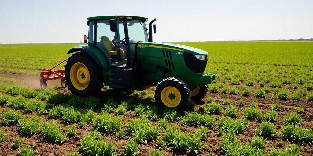 John Deere tractor plowing a field.